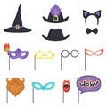 Colorful set with carnival masks and hats. Witch cap, glasses, beard, lips, speech bubble, cat ears and bow tie Royalty Free Stock Photo