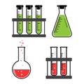 Colorful set chemical vessels and flasks with green, red liquid. Vector Royalty Free Stock Photo