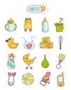 Colorful set of children's icons in hand drawn style. Accessories, clothing and toys for newborns 2. Vector