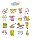 Colorful set of children's icons in hand drawn style. Accessories, clothing and toys for newborns. Vector