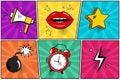 Colorful set of comic icon in pop art style. Megaphone, lips, star, bomb, alarm clock, lightning. Vector