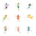 Colorful set of cute girly fairies with magic wands and long hair dancing in pretty dresses Royalty Free Stock Photo