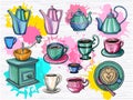 Colorful set of different cups, porcelain teapots for coffee, tea, cappuccino, coffee grinder, coffee mill.