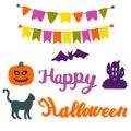 Colorful set of elements for Happy Halloween greeting card with cat, garlands, lettering, pumpkin, castle, moon isolated