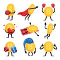 Flat vector set of golden coins with arms and legs in different actions. Cartoon bitcoin characters with coffee cup