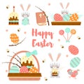 Colorful set Happy Easter greeting card with rabbit, rabbit, eggs and cake. Willow branches, caramel Royalty Free Stock Photo