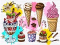 Colorful set of ice cream chocolate fruits desserts. Ice cream, cream, strawberry dessert, chocolate, vanilla sticks, flowers. Royalty Free Stock Photo