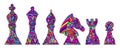 Colorful Set with King, Queen, Bishop, Knight, Rook and Pawn Chess Pieces, each figure with its own unique pattern Royalty Free Stock Photo