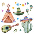 Colorful set with mexican ethnic elements:cactus,garland,sombrero,maracas,teepee,guitar
