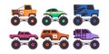 colorful set monster truck toys car large heavy transportation extreme big fast offroad vehicle Royalty Free Stock Photo