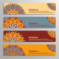 Colorful set of ornamental banners with flower mandala in beige, blue, vinous, orange colors.