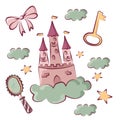 A colorful set of pink castle and princess accessories.