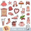 Colorful set of pink color objects. Visual dictionary for children about the basic colors Royalty Free Stock Photo