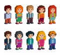 Colorful set of pixel art style isometric characters