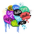 Colorful set of speech bubbles with dialog words. Vector illustration in graffiti style