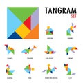 Colorful set of tangram game icons made with geometry shapes in abstract style, includes animal, vector illustration