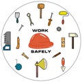 Colorful set of tools - work safely. Isolated vector logo, icon. Idea for working and repair themes. Ready-made artworks. Royalty Free Stock Photo