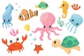 Colorful set of various sea creatures. Cartoon fish, seahorse, turtle, crab, jellyfish, octopus, seastar, seaweed. Flat