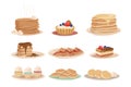 Set with various sweet desserts stack of pancakes, cupcakes, cake, fritters and tartelette. Tasty breakfast. Flat vector