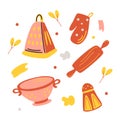 Colorful sets of silhouette kitchen tools: colander, grater, rolling pin, saltshaker, mitten, potholder. Icon for cooking and