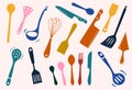 Colorful sets of silhouette kitchen tools: spade, ladle, knife, spoon, fork, spatula, knead Royalty Free Stock Photo