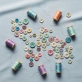 Colorful sewing buttons and spools of thread are arranged on a light Royalty Free Stock Photo