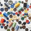 Colorful sewing buttons and spools of thread arranged on a light, speckled Royalty Free Stock Photo