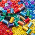 Colorful sewing buttons and spools of thread are arranged in a vibrant Royalty Free Stock Photo