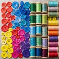 Colorful sewing buttons and thread spools is neatly arranged on a wooden Royalty Free Stock Photo