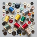 Colorful sewing spools and buttons are arranged on a light fabric background Royalty Free Stock Photo