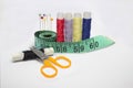 Colorful sewing thread among sewing equipment for fashion Royalty Free Stock Photo