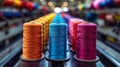 Colorful sewing thread spools on rack Royalty Free Stock Photo