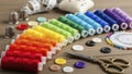 Colorful sewing threads and accessories arranged on a wooden table Royalty Free Stock Photo