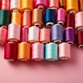 colorful sewing threads on pink background with copy