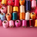 colorful sewing threads on pink background with copy