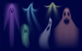 Colorful shadows ghost. Swanky halloween ghost, crazy transparent spirits vector set