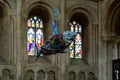 27-02-2025 Peterborough Shark sculpture made of plastic waste hanging in Peterborough Cathedral