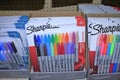Colorful Sharpie Markers in Packages shot closeup on a shelf