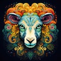 Colorful sheep mandala art on black background.