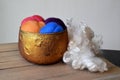Colorful sheep wool roving in a copper colored glass bowl