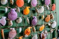 Colorful shells hanging on a net