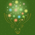 Colorful Shinning Snowflakes Arranged in a Shape of a Circle Between Deer`s Horns. Hand Drawn Golden Silhouette of Reindeer