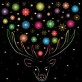 Colorful Shinning Snowflakes Between Deers Horns. Hand Drawn Rainbow Colored Silhouette of Reindeer. Perfect for Festive Design