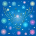 Colorful Shinning Snowflakes and Golden Stars. Hand Drawn Golden Silhouette of Reindeer on Blue Background