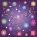 Colorful Shinning Snowflakes and Golden Stars. Hand Drawn Golden Silhouette of Reindeer on Night Sky. Perfect for Festive Design.