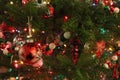 Colorful shiny Christmas ornaments hanging on the boughs of an evergreen tree with twinkling festive lights