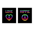 Colorful shirt prints in rainbow colors with heart shape, hippie peace symbol, love and hippie word on black background.