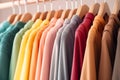 Colorful shirts on hangers in wardrobe, closeup. Fashionable clothes