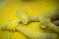 The colorful shoes and legs of teenagers at color run event Royalty Free Stock Photo