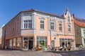 Colorful shop at the central market square of Grimmen